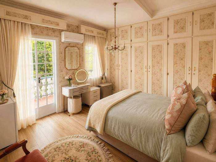 Second bedroom with pine bed and floral wallpaper