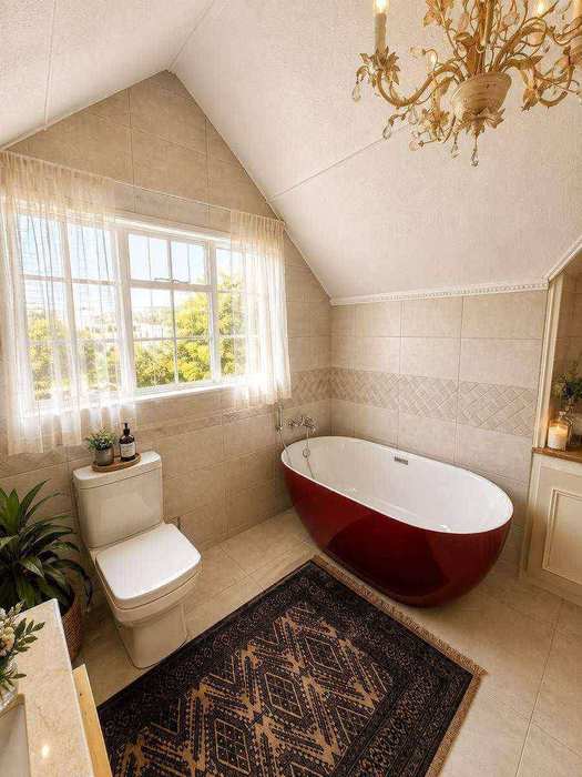 Shared bathroom shower and seating