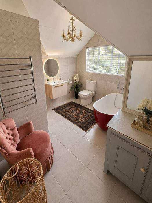 Shared bathroom vanity and connecting hallway