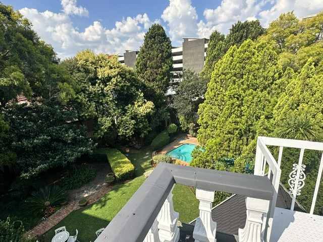 Elevated view across the leafy garden to the pool