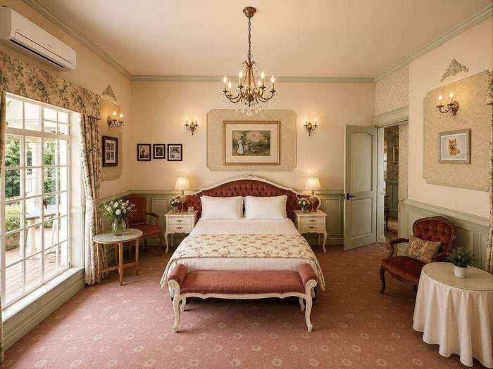 Wide view across the Heritage Suite and its balcony doors